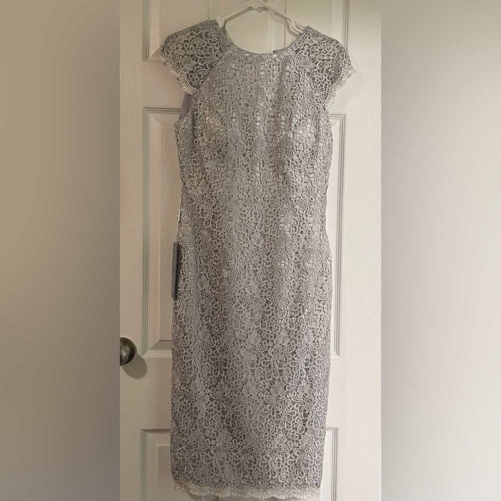 Silver Lace Cap-Sleeve Midi Dress